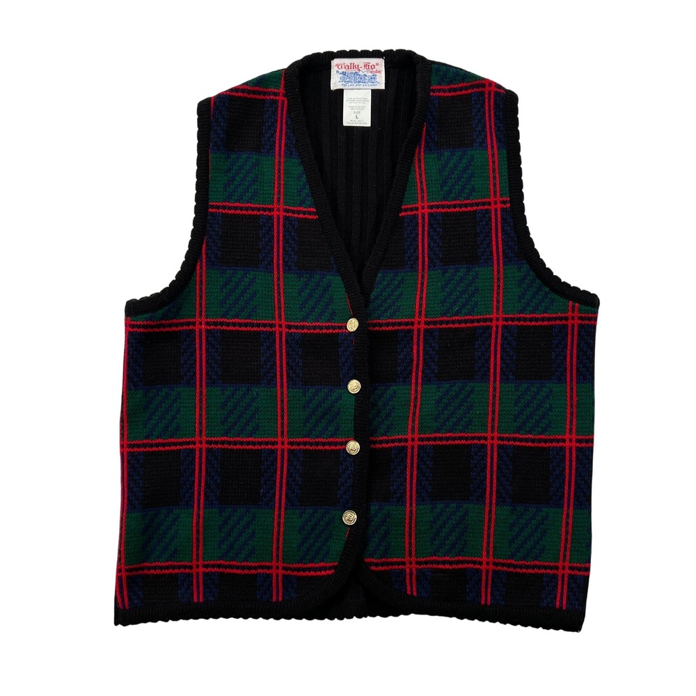 VTG 90s Tally-Ho Plaid Sweater Vest Women L Black Green Red Gold Button Academia